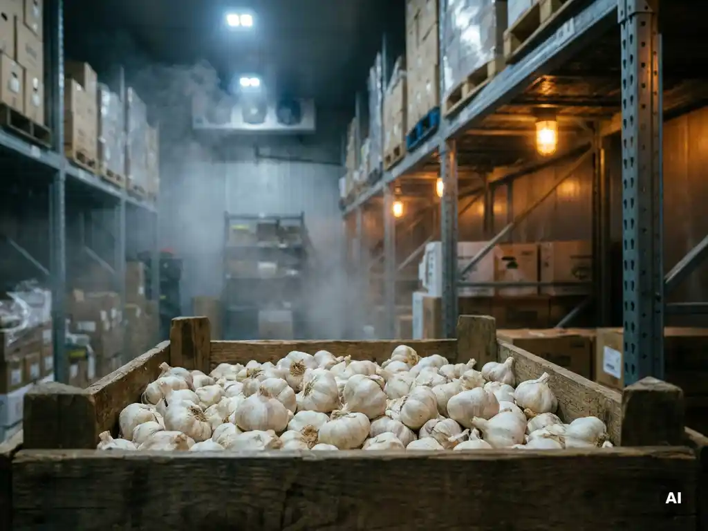 Verse knoflookbollen met papierachtige witte schil in houten krat, opgeslagen in koelopslagloods met metalen rekken en koele industriële verlichting.