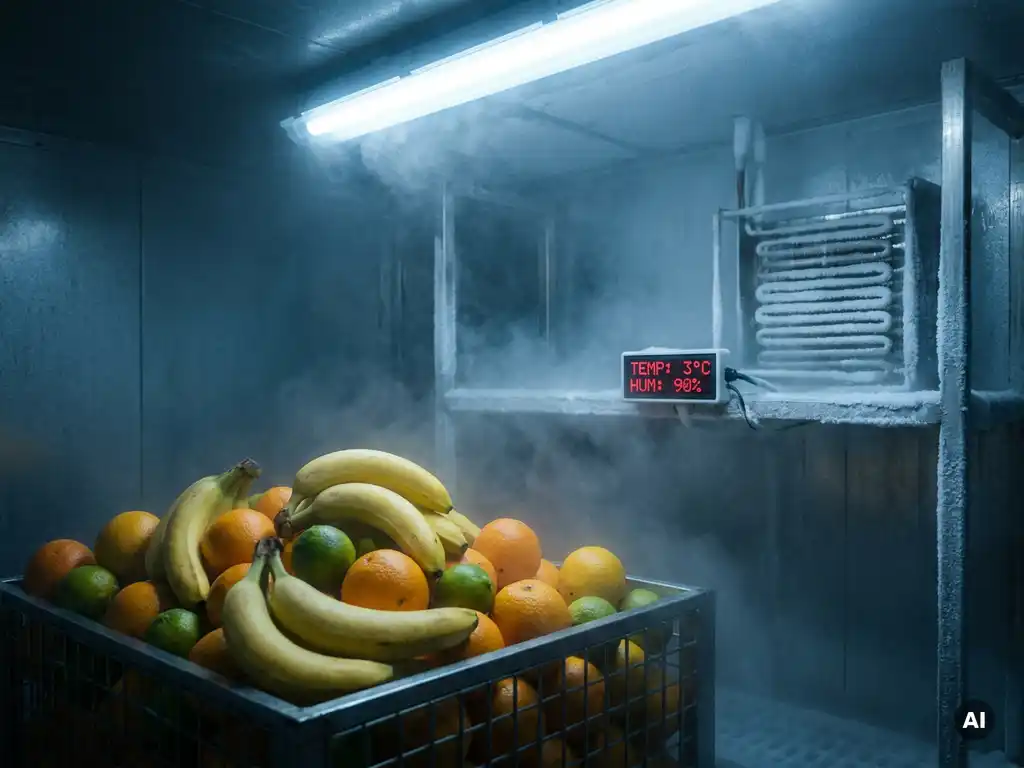 Bananen, sinaasappels en limoenen in een industriële koelcel met digitale temperatuur- en vochtigheidssensor op berijpt metalen rek.