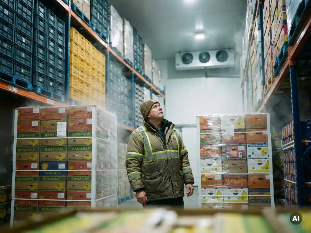 Magazijnbeheerder in grote koelopslagloods tussen hoge pallets met exotisch fruit zoals bananen, citrusvruchten en mango's.