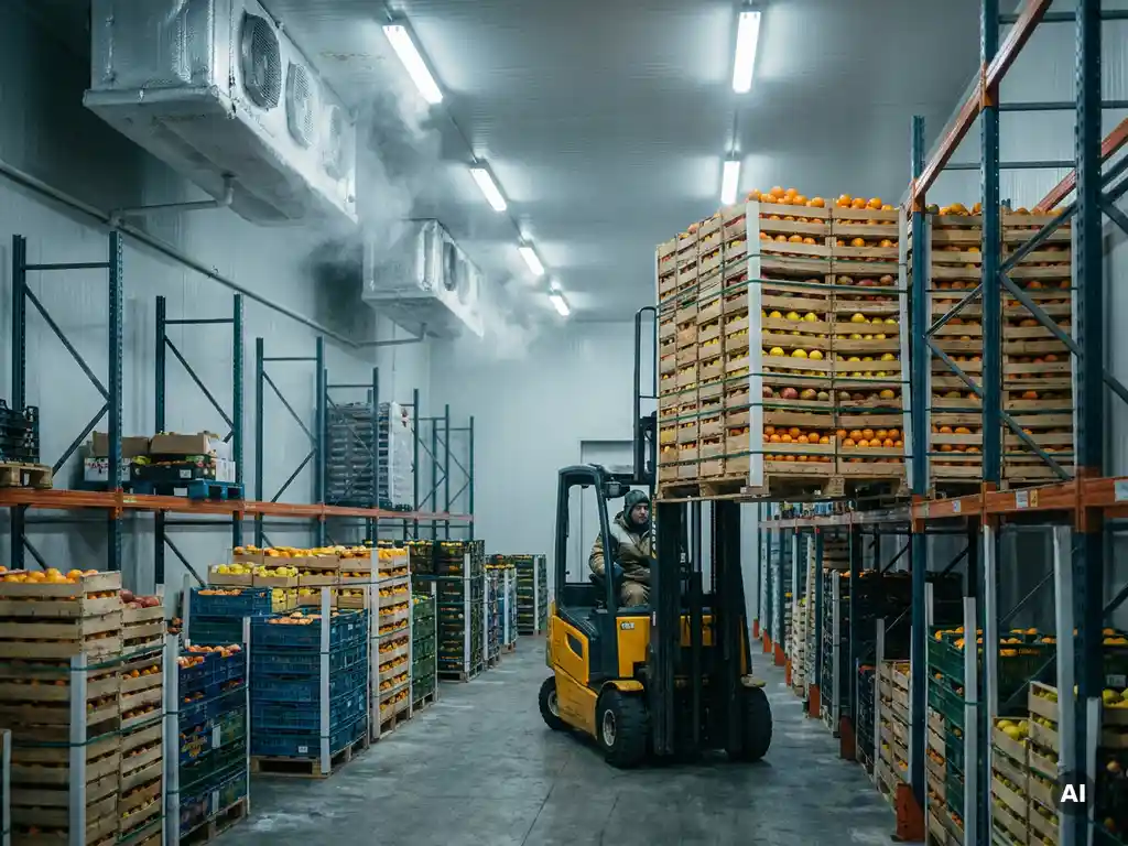 Heftruck stapelt pallets met tropisch fruit in grote koelopslaghal met zichtbare condens bij ventilatieroosters.
