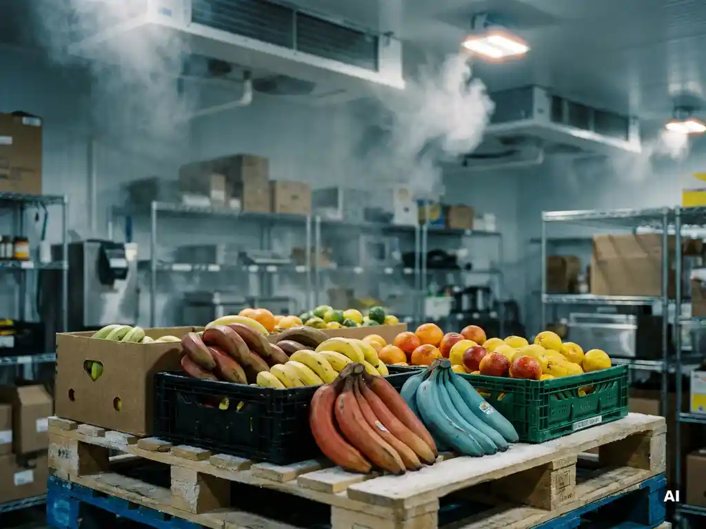 Exotic bananas and citrus fruits on a pallet in a refrigerated warehouse with visible cold mist at the ventilation grilles.