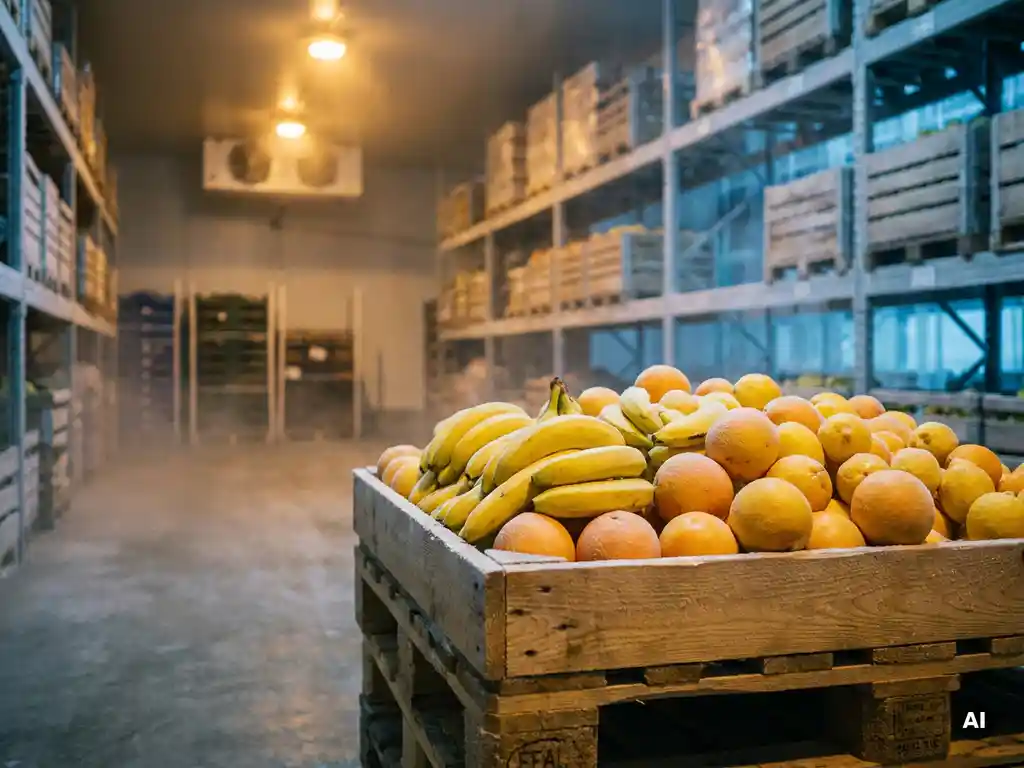 Houten pallet met gele bananen en citrusvruchten in een koude opslagloods met bevroren metalen rekken op de achtergrond.