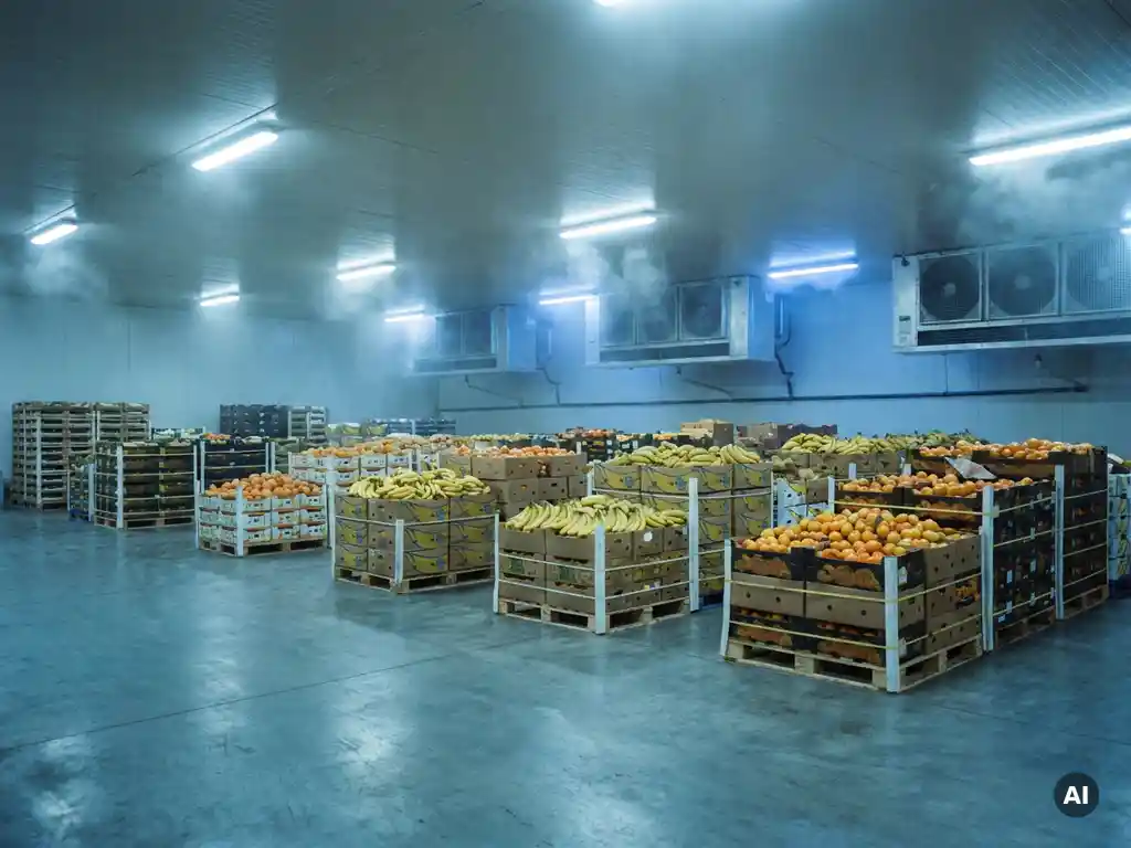 Houten pallets met gele bananen en oranje citrusvruchten in een koude opslagloods met industriële koelunits en blauwe verlichting.