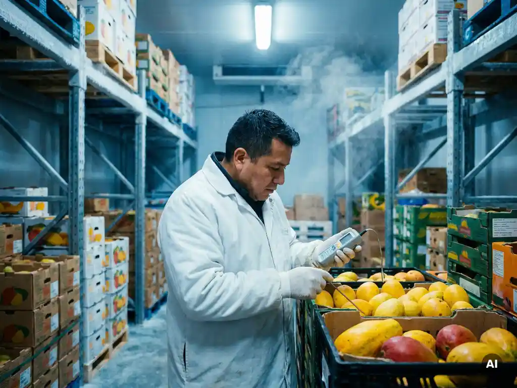 Magazijnmedewerker in witte labjas meet kerntemperatuur van tropisch fruit met gekalibreerde thermometer in koude opslagfaciliteit.