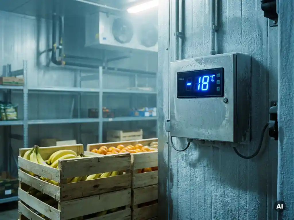 Digitaal temperatuurmonitoringpaneel op berijpte koelcelwand met blauwe sensorweergave boven stapels bananen en citrusvruchten.