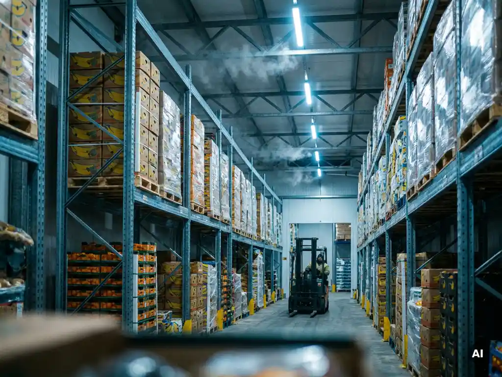 Professionele koelopslagfaciliteit met pallets bananen en citrusvruchten op industriële stalen rekken, verlicht door koud LED-licht.