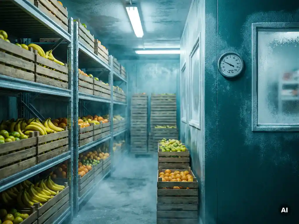 Gekoelde magazijnruimte met gestapelde kratten bananen en citrusvruchten onder industrieel blauw-wit licht, mist langs betonnen vloer.