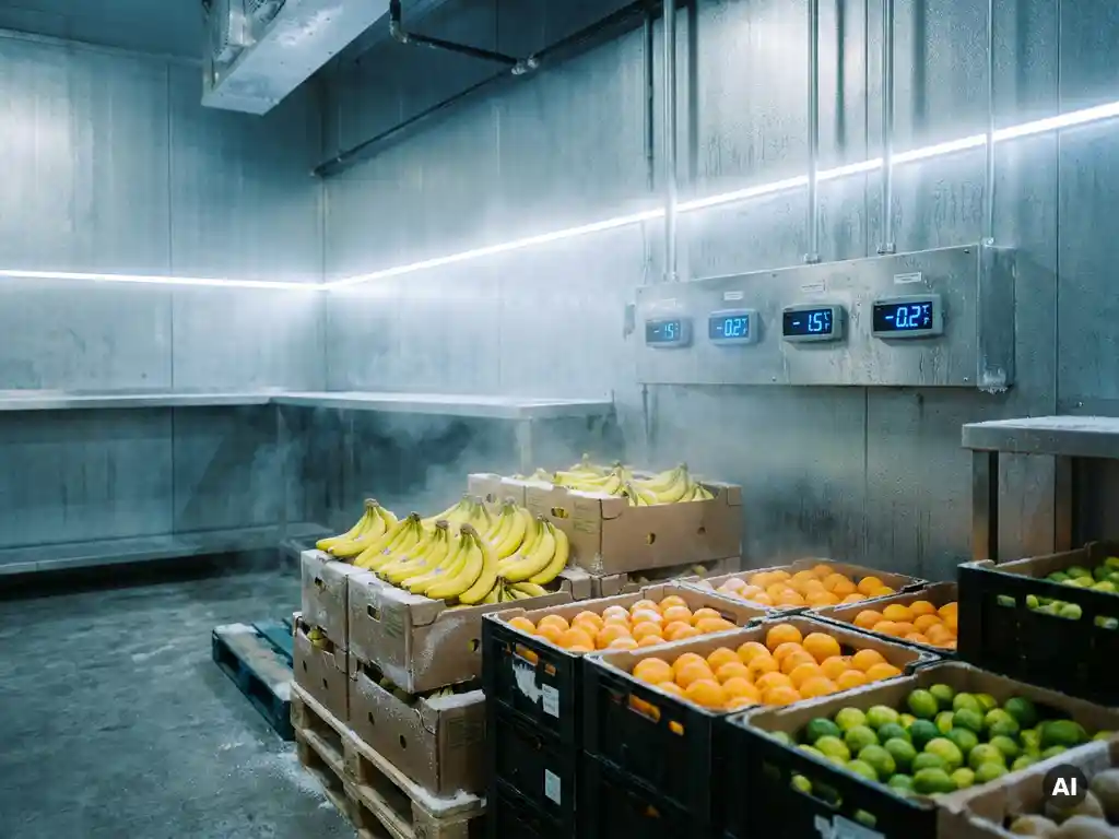 Bananen, sinaasappels en limoenen in een industriële koelcel met temperatuurmeters op stalen wand en blauwig condensatielicht.