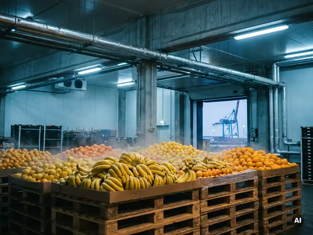 Pallets met bananen en citrusvruchten in een koude opslagloods, met industriële koelleidingen en een havenkraan zichtbaar op de achtergrond.