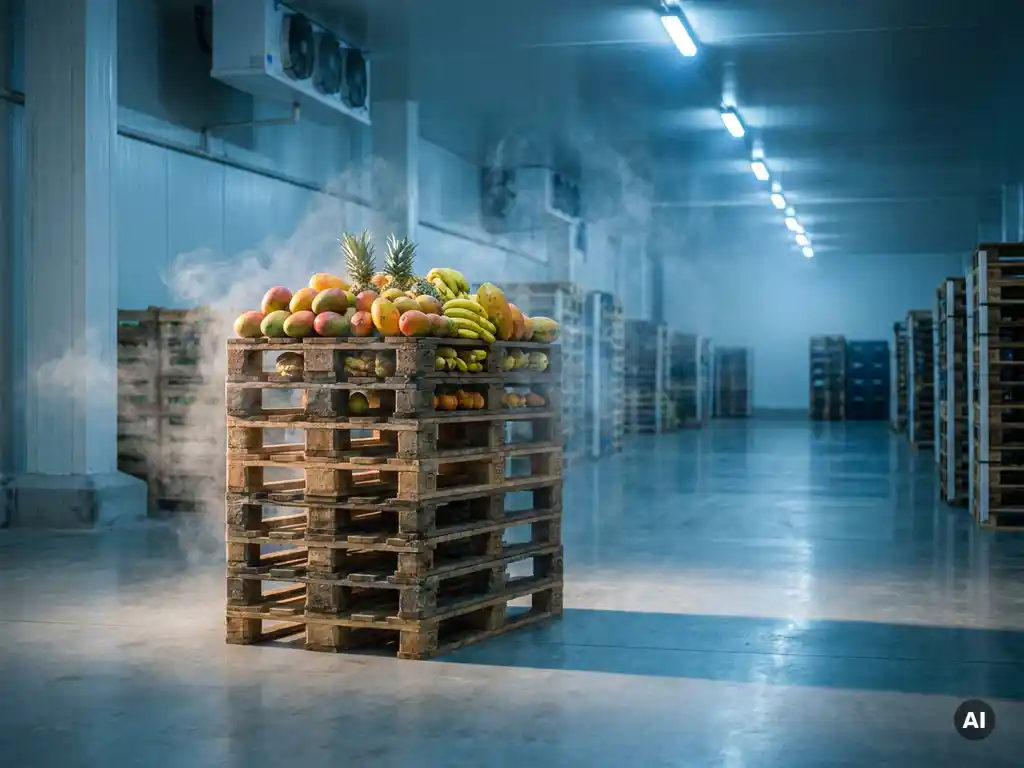 Houten pallets met tropisch fruit in een koude opslagloods, omgeven door ijzige koellucht en blauw-wit industrieel licht.