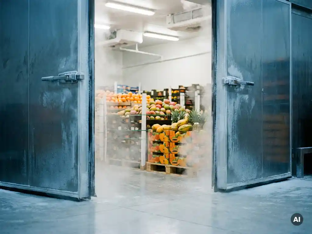 Industriële koelcel met zware geïsoleerde stalen deuren op een kier, met gestapelde pallets tropisch fruit zichtbaar en condensatie in de koude lucht.