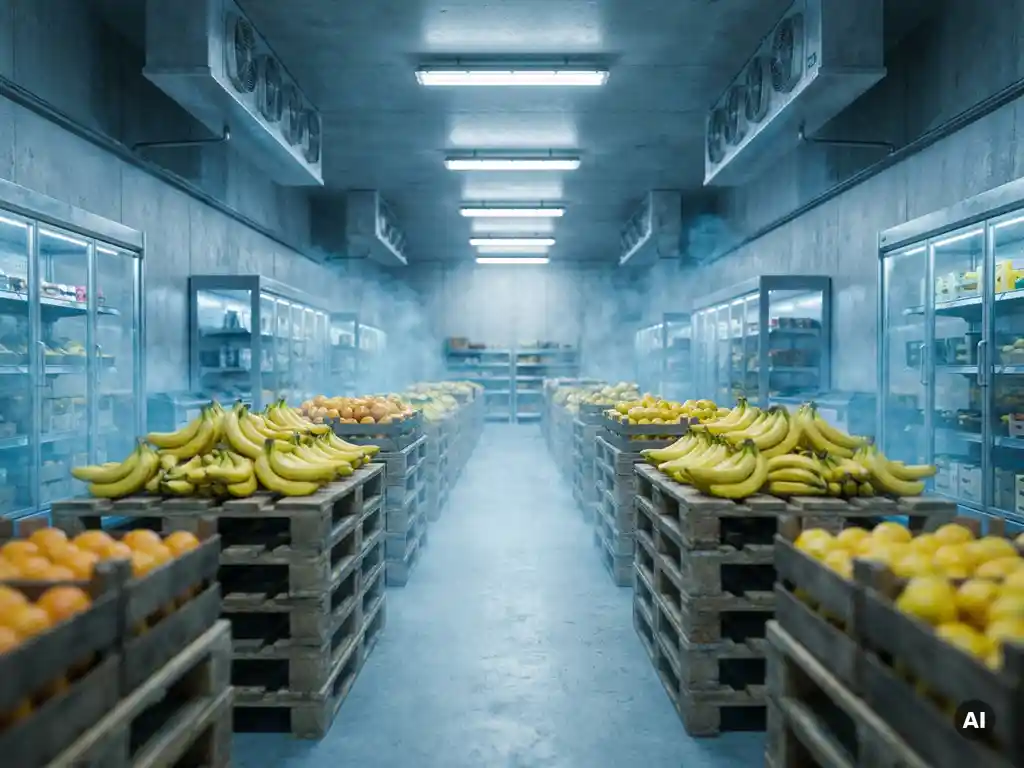 Pallets met bananen en citrusvruchten in een koude opslagloods met koelmist, industriële verlichting en diepe gangperspectief.