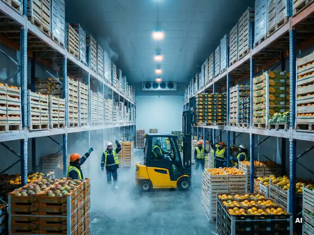 Vorkheftruck tussen hoge pallets exotisch fruit in een gekoeld distributiecentrum, medewerkers in hesjes begeleiden de lading.