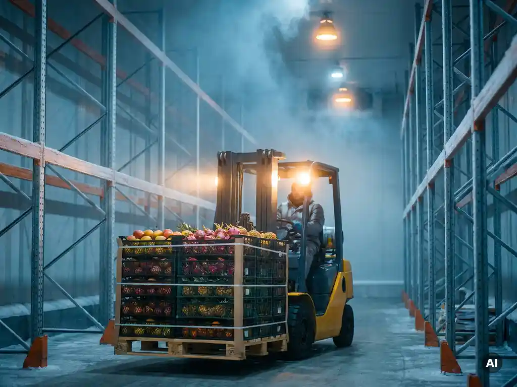 A forklift transports wooden pallets with exotic fruit in a large refrigerated warehouse with steel racking in the fog.