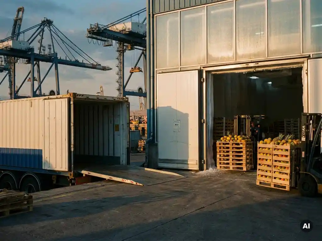 Gekoelde zeecontainer wordt gelost op de kade bij een koudeopslag loods, pallets exotisch fruit zichtbaar in de achtergrond.