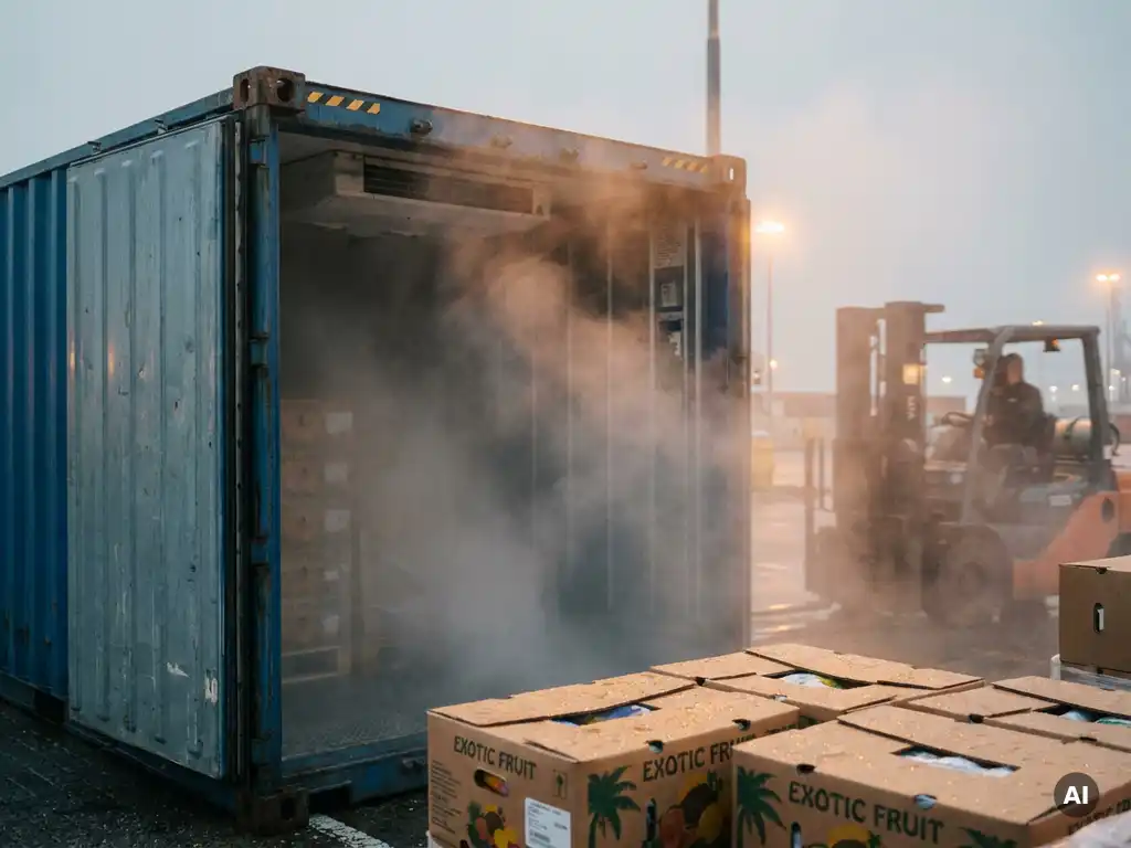 Condensatiemist stijgt op uit een open koelcontainer tijdens het lossen op een havenkade, met vochtige kartonnen dozen exotisch fruit en een vorklift op de achtergrond.