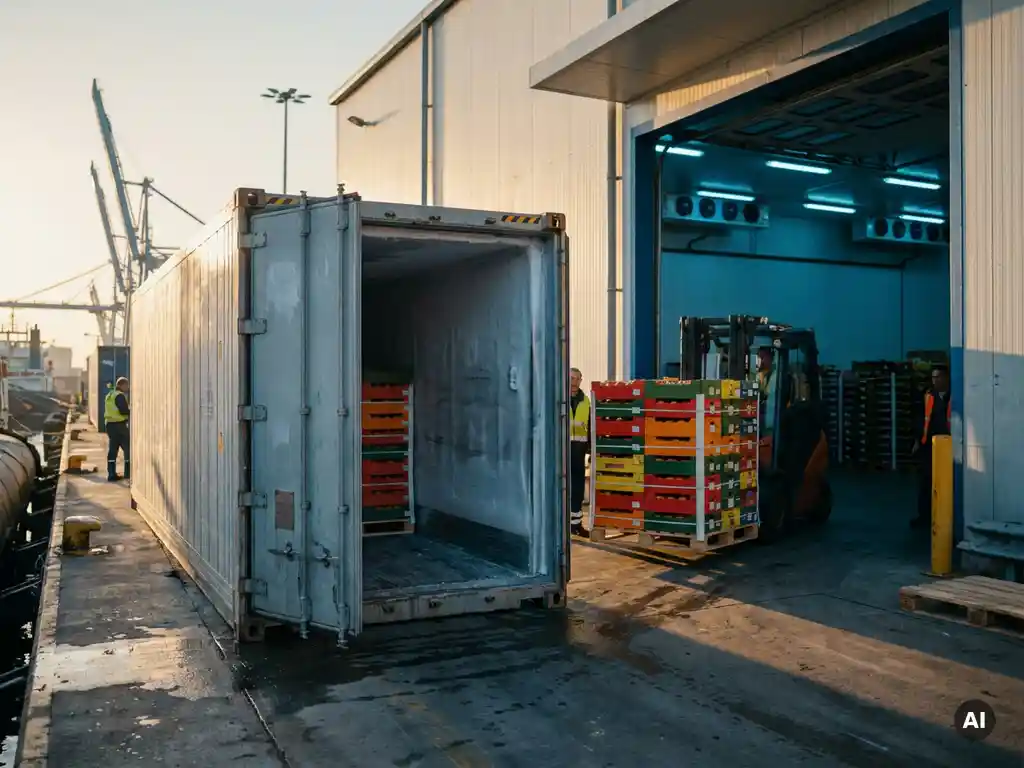 Gekoelde zeecontainer wordt gelost op havenkade, met pallets tropisch fruit richting grote koelopslagloods in tegenlicht van late middagzon.