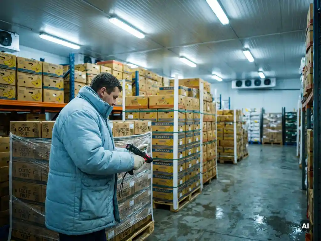 Magazijnmedewerker scant pallets exotisch fruit met barcodescanner in koude opslagloods, rijen gele bananendozen op metalen rekken.
