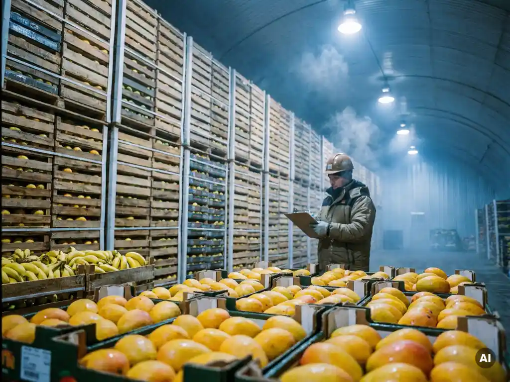 Stapels exotisch fruit in een koude opslagloods, met mango's en bananen op de voorgrond en een medewerker die een klembord raadpleegt.