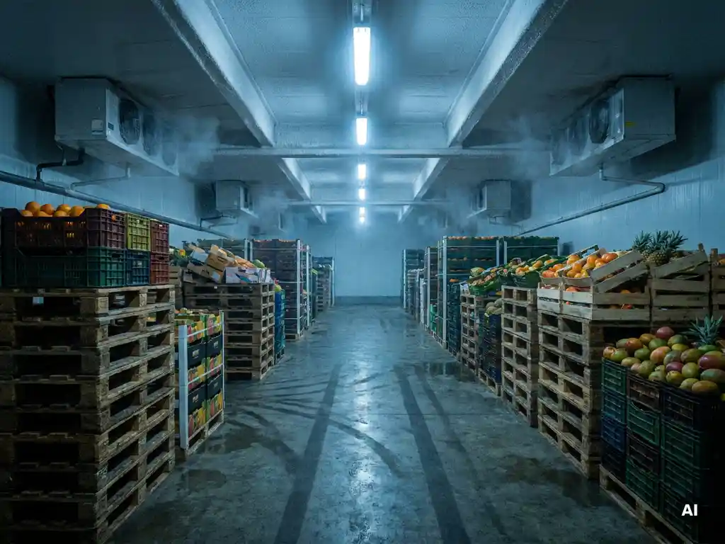 Pallets met tropisch fruit in houten kratten opgestapeld in een grote koelopslagloods met blauw-wit TL-licht.