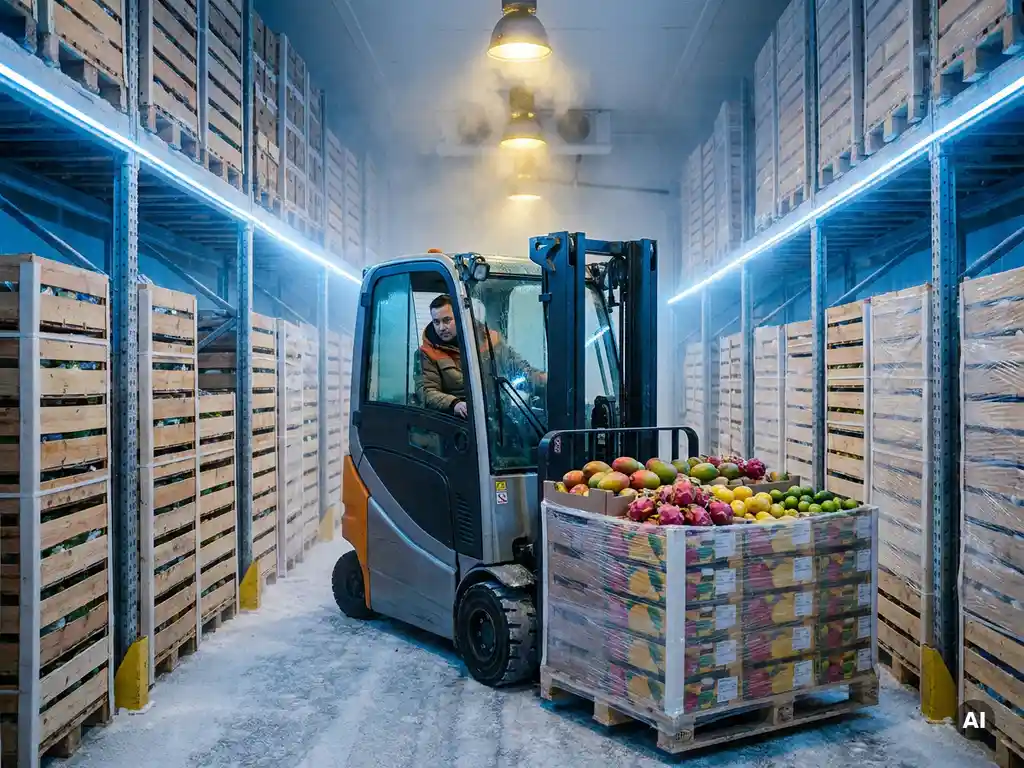 Vorkheftruck transporteert pallets exotisch fruit door bevroren opslaggang met gecondenseerde verpakkingen en gouden magazijnverlichting.
