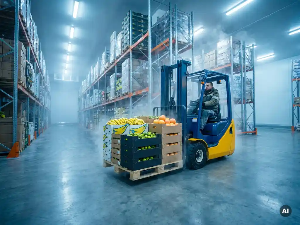 Vorkheftruckchauffeur verplaatst pallet met bananen en citrusvruchten in grote gekoelde opslagloods met industriële rekken.