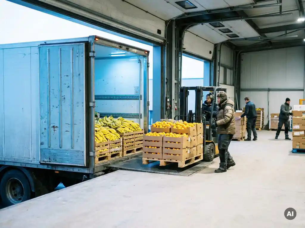 Gekoelde vrachtwagen bij laaddok van koelopslagloods met houten pallets bananen en citrusvruchten die per heftruck worden gelost.