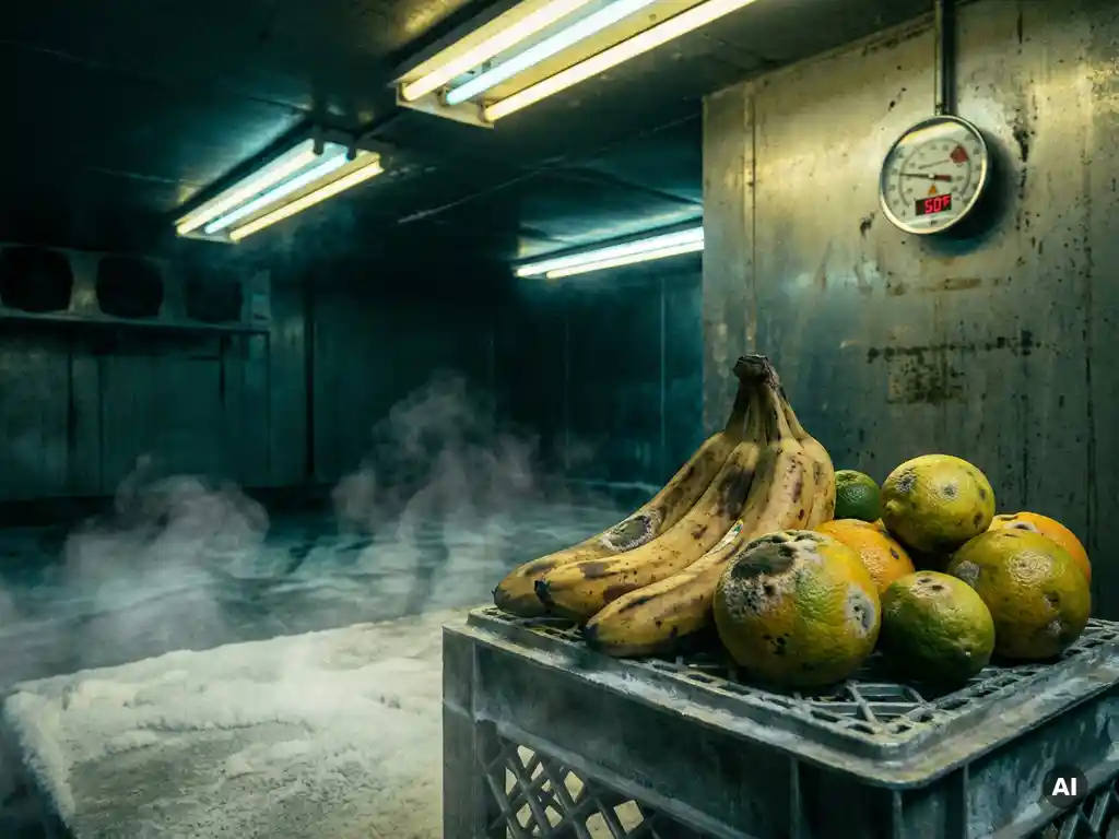 Rijpe bananen en citrusvruchten met vroege bederf­vlekken in industriële koude opslag, omgeven door ijsmist en scherpe tl-schaduwen.
