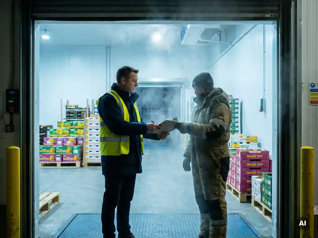 Logistiek manager overhandigt klembord aan medewerker bij ingang van gekoelde opslagloods met pallets exotisch fruit.