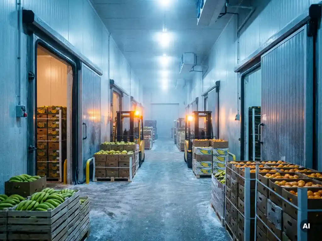 Industrieel koudeopslag magazijn met temperatuurzones, pallets met bananen en citrusvruchten, berijpte deuren en vorkheftruck verlichting.