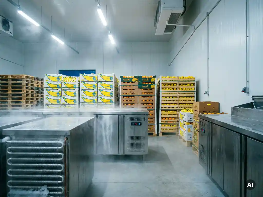 Koude opslagloods met pallets bananen en citrusvruchten achter roestvrijstalen koelunits, lichte mist boven de vloer.