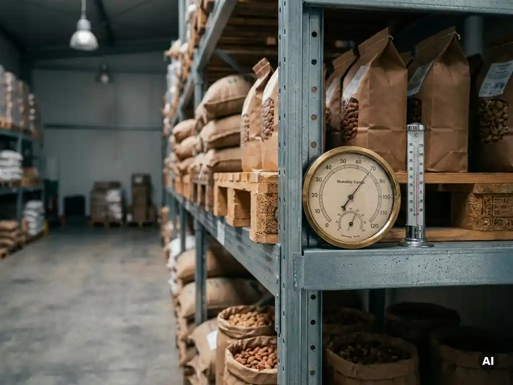 Hygrometer en thermometer naast elkaar in een droog magazijn met gestapelde pallets noten en zaden op de achtergrond.