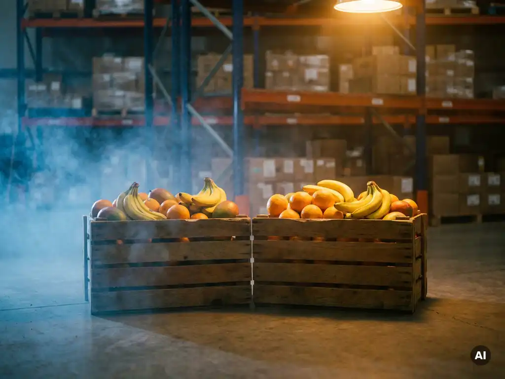Tropisch fruit in houten kratten op een magazijnvloer, één in koel blauw licht, de ander in warm goudkleurig licht.