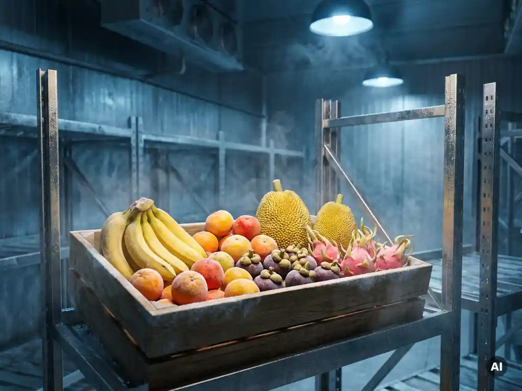 Colorful tropical fruits such as bananas and citrus fruits on stainless steel shelves in a cold storage facility with blue light.