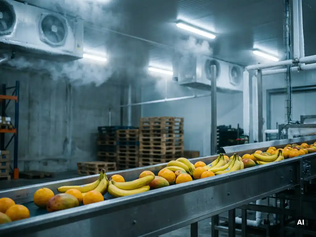 Tropisch fruit zoals bananen, citrusvruchten en mango's op een roestvrijstalen transportband in een gekoeld magazijn.