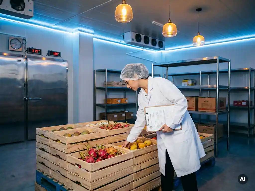 Voedselveiligheidsinspecteur in witte jas controleert gestapelde pallets exotisch fruit in gekoelde opslagruimte met klembord.