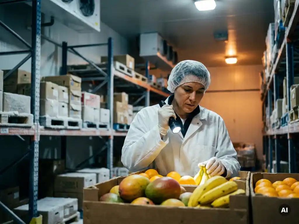 Voedselveiligheidsinspecteur in witte jas inspecteert krat exotisch fruit in industriële koelcel.