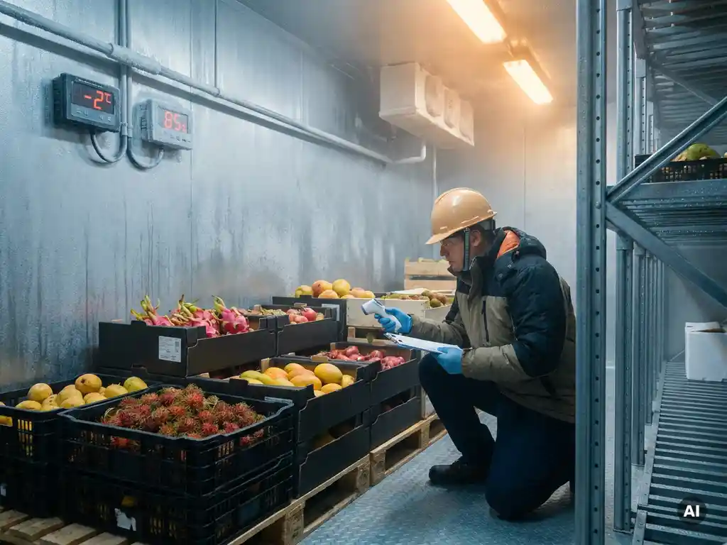 Food safety inspector checks stacked pallets of exotic fruit in a cold storage hall with temperature and humidity meters on a frosted wall.