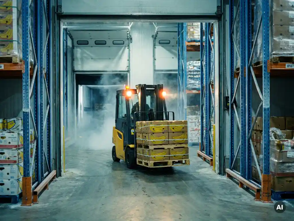 Heftruck met gele bananenkratten op houten pallets rijdt door gekoeld magazijn met stalen rekken en mistige koude lucht.