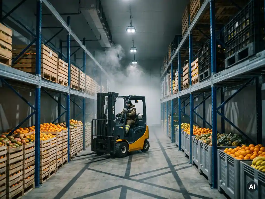 Heftruck rijdt door brede gangpaden van hoge palletrekken vol tropisch fruit in een grote koelopslagloods met zichtbare koelmist.
